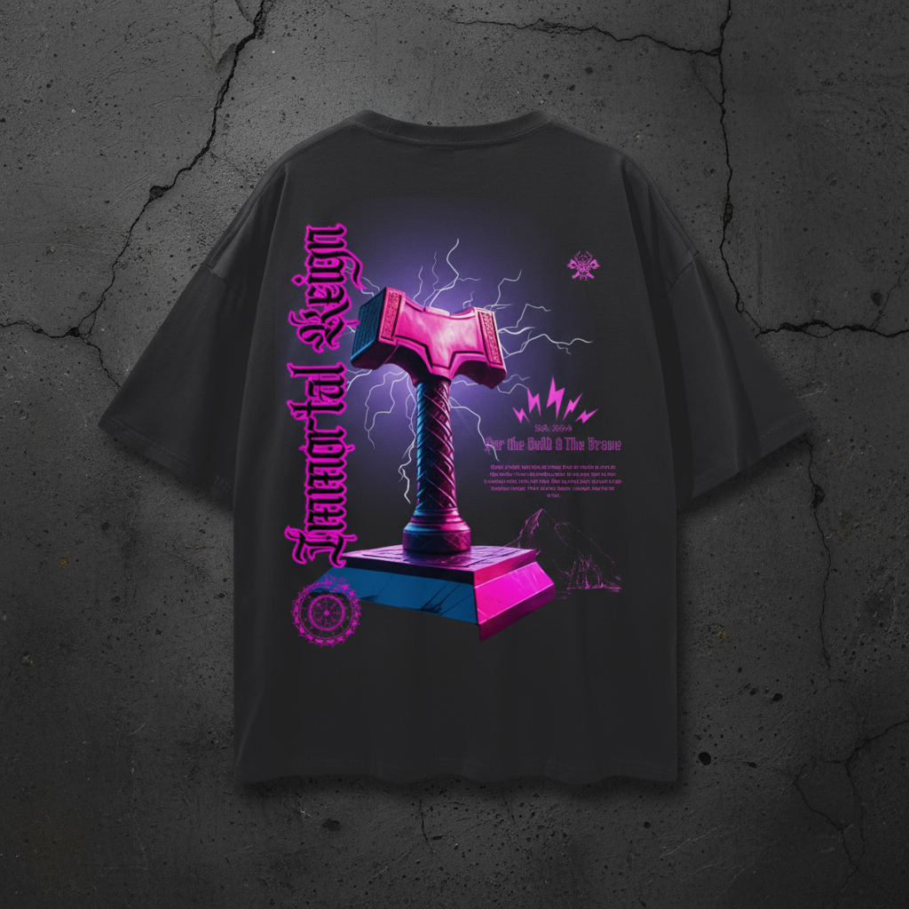 Mjolnir T-shirt by Immortal Reign - Norse mythology inspired streetwesr featuring Thor's Hammer in magenta lightning design