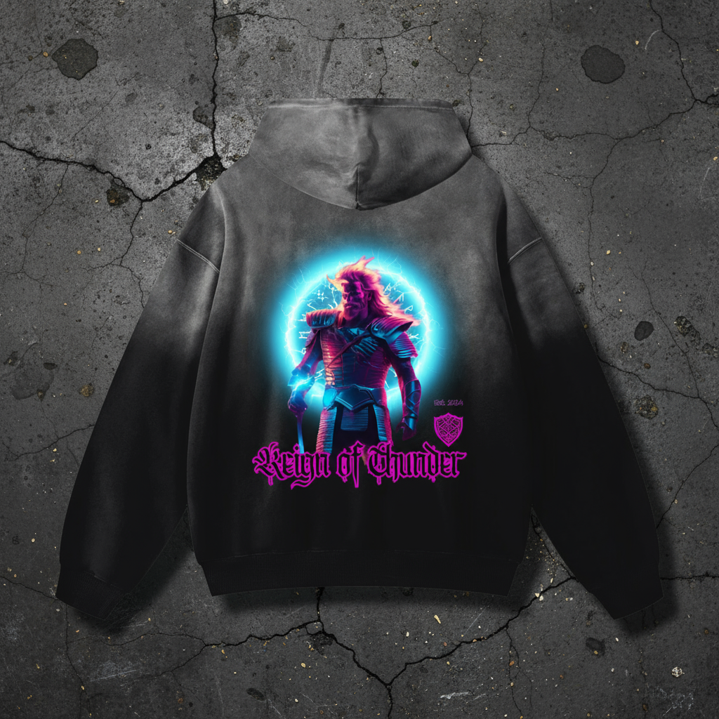 Reign of Thunder hoodie design featuring Thor surrounded by glowing electric blue aura, lightning, and magenta armor- mythic streetwear by Immortal Reign