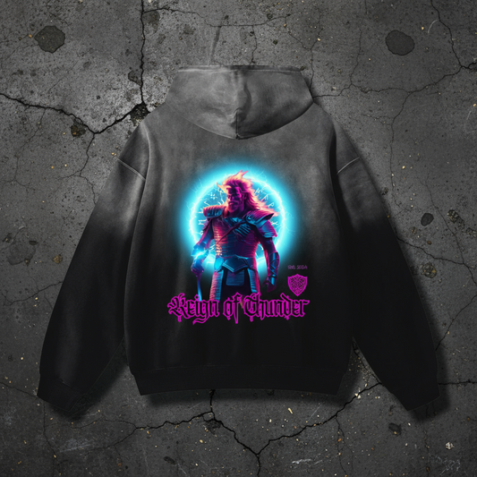 Reign of Thunder hoodie design featuring Thor surrounded by glowing electric blue aura, lightning, and magenta armor- mythic streetwear by Immortal Reign