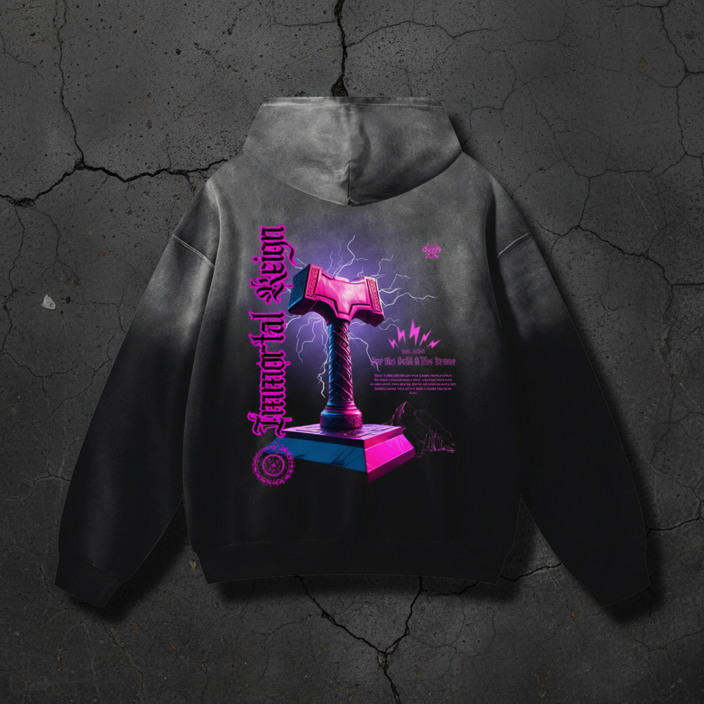 Mjolnir hoodie by Immortal Reign - Norse mythology streetwear with lightning and Thor's hammer design