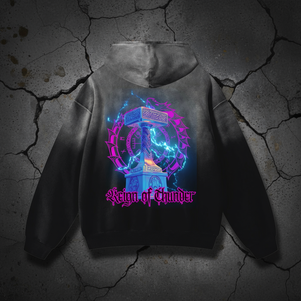 Electric Mjolnir hoodie by Immortal Reign - Norse mythology streetwear featuring Thor's Hammer design with electric magenta and blue lightning.