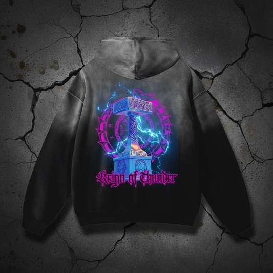 Electric Mjolnir hoodie by Immortal Reign - Norse mythology streetwear featuring Thor's Hammer design with electric magenta and blue lightning.